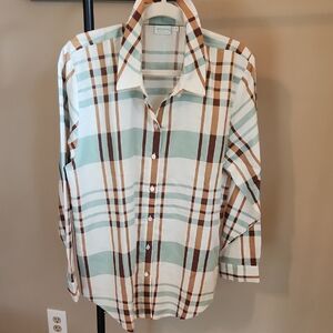 Spartina 449 Plaid Button-Down Shirt in Mint, Brown & White